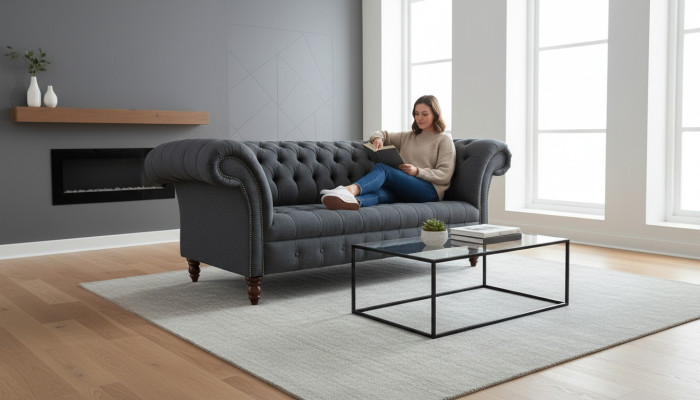Szara Sofa Włókiennicza Szara Trzyosobowa Luksusowa Sofa Chesterfield do Salonu