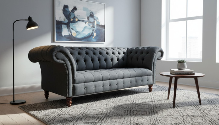 Szara Sofa Włókiennicza Szara Trzyosobowa Luksusowa Sofa Chesterfield do Salonu