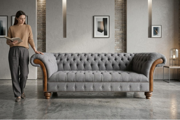 Elegancka szara trzyosobowa luksusowa sofa Chesterfield do salonu 3-osobowa