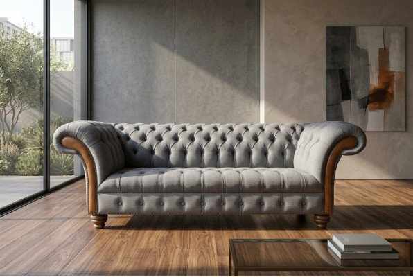 Elegancka szara trzyosobowa luksusowa sofa Chesterfield do salonu 3-osobowa
