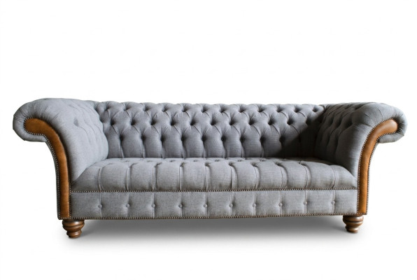 Elegancka szara trzyosobowa luksusowa sofa Chesterfield do salonu 3-osobowa