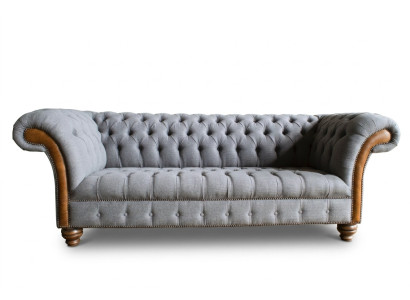 Elegancka szara trzyosobowa luksusowa sofa Chesterfield do salonu 3-osobowa
