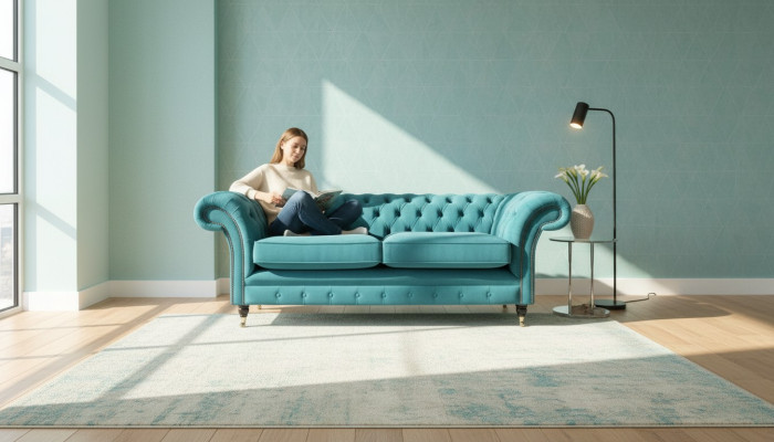 Turkusowa kanapa Chesterfield Designerska 3-miejsce siedzące Luksusowa Sofa do Salonu