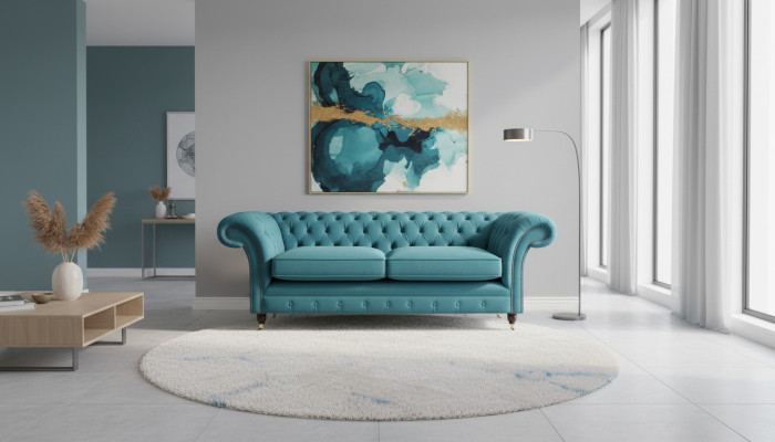 Turkusowa kanapa Chesterfield Designerska 3-miejsce siedzące Luksusowa Sofa do Salonu