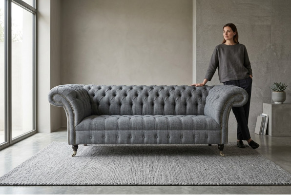 Szara Włókienniczy Chesterfield trzyosobowa luksusowa designerska kanapa 3-osobowa