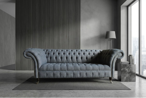 Szara Włókienniczy Chesterfield trzyosobowa luksusowa designerska kanapa 3-osobowa