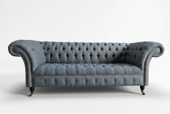 Szara Włókienniczy Chesterfield trzyosobowa luksusowa designerska kanapa 3-osobowa