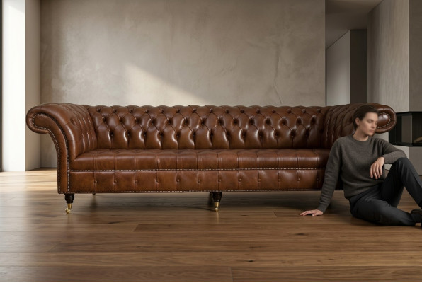 Chesterfield Brown Couch Sofa Podkładka 4 miejsce do siedzenia Kanapy Siedziba Ustawić Sofy 265cm