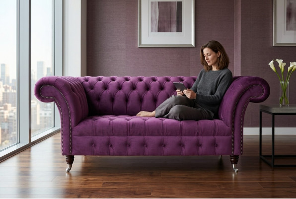 Chesterfield Design Luksusowa Sofa Wypoczynkowa Kanapa Komplet Obiciowy Skóra Tekstylia Fioletowy Nowy