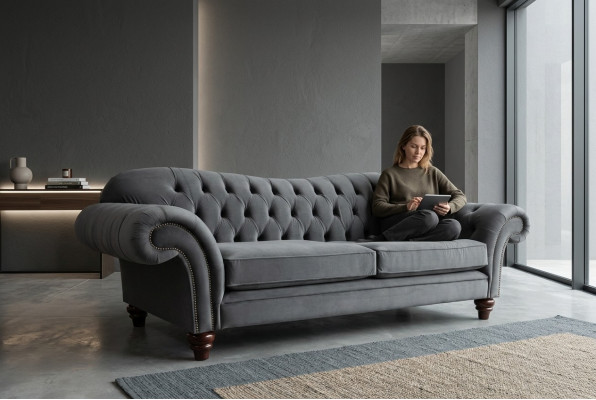 Duża Sofa 4 miejsce do siedzenia Couch Chesterfield Podkładka Siedziba Ustawić Materiał Włókienniczy New Grey
