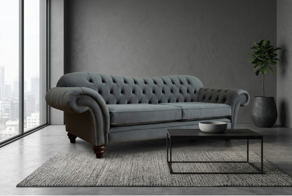 Duża Sofa 4 miejsce do siedzenia Couch Chesterfield Podkładka Siedziba Ustawić Materiał Włókienniczy New Grey