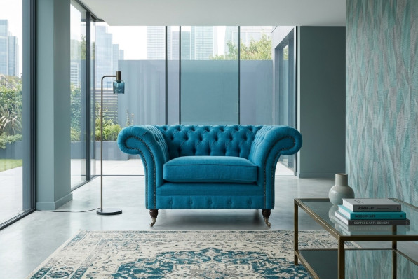 Niebieska sofa Kanapa Chesterfield Meble siedzące Tekstylia Materiał Skóra Kanapy Nowe
