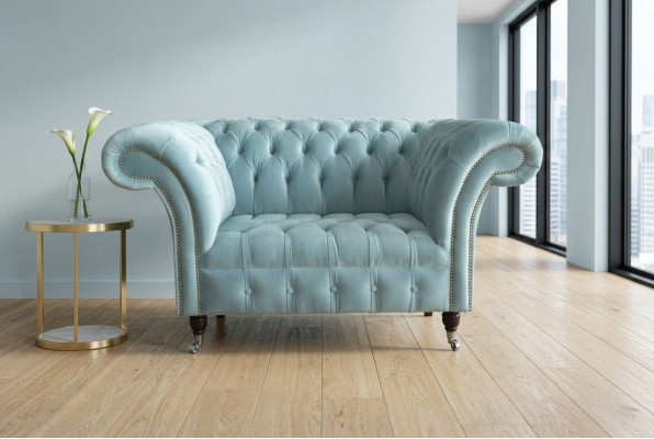 Chesterfield Design Materiał Kanapy Fotel 1,5 osobowy Sofy Do Pokoju Dziennego Niebieski Aksamit