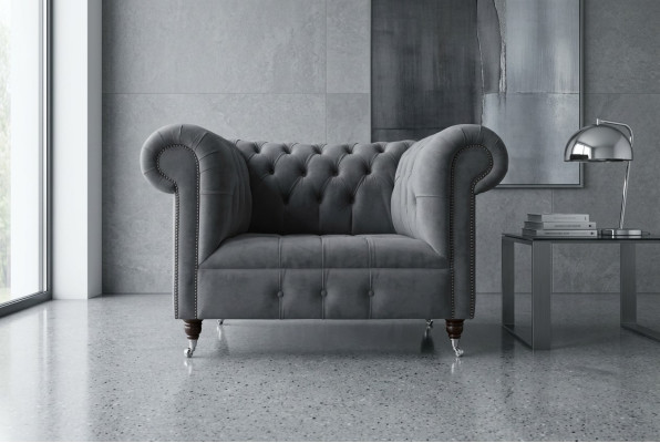 Fotel 1-osobowy Chesterfield z teksturowaną tapicerką, luksusowy design sof, sofa materiałowa.