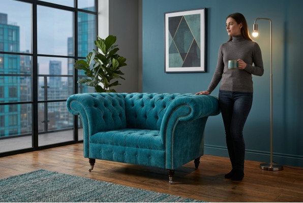 Fotel Chesterfield Wzór Tkanina Kanapa 1,5 Poduszki Sofy Salon Aksamit Turkusowy nowy