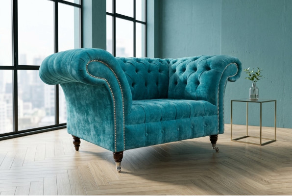 Fotel Chesterfield Wzór Tkanina Kanapa 1,5 Poduszki Sofy Salon Aksamit Turkusowy nowy