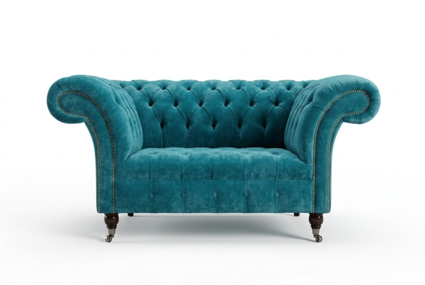 Fotel Chesterfield Wzór Tkanina Kanapa 1,5 Poduszki Sofy Salon Aksamit Turkusowy nowy