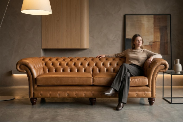 Sofa Brown Chesterfield Luxury 4-miejsce do siedzenia Sofa Podkładka Materiał miejsca do siedzenia