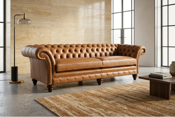 Sofa Brown Chesterfield Luxury 4-miejsce do siedzenia Sofa Podkładka Materiał miejsca do siedzenia