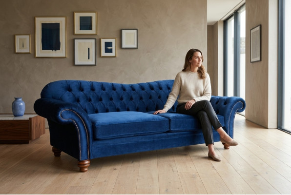 Design Sofa 4 miejsce do siedzenia Sofa Włókienniczy Podkładka Blue Classic Sofas Chesterfield Nowość