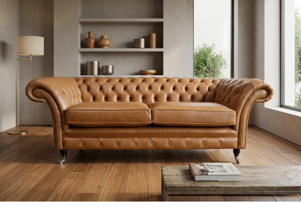 Sofa 3 miejsce do siedzenia Kanapa Chesterfield Podkładka Siedziba Ustawienie Skóra Braun Włókienniczy