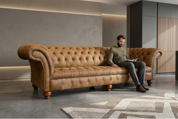 Chesterfield Brown Couch Sofa Podkładka 4 miejsce do siedzenia Kanapy Siedziba Ustawić