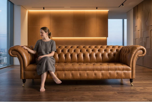 Design Chesterfield Zestaw sofowy 4 miejsce do siedzenia Sofa Skóra Podkładka Brązowa Luksusowa Sofa