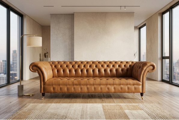 Design Chesterfield Zestaw sofowy 4 miejsce do siedzenia Sofa Skóra Podkładka Brązowa Luksusowa Sofa