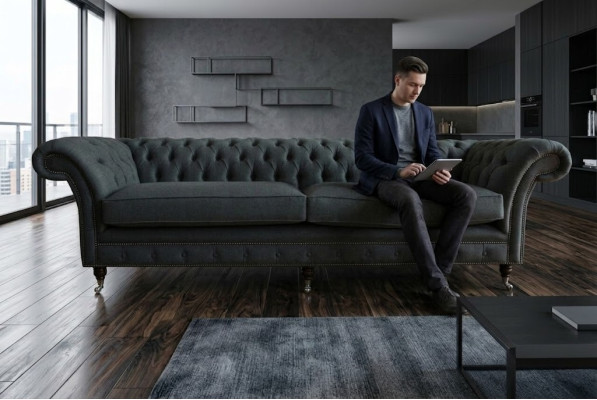 Oryginalna Chesterfield Włókienniczy Skóra Sofa Kanapa Podkładka Duża Poduszka Siedziska Szara 265cm