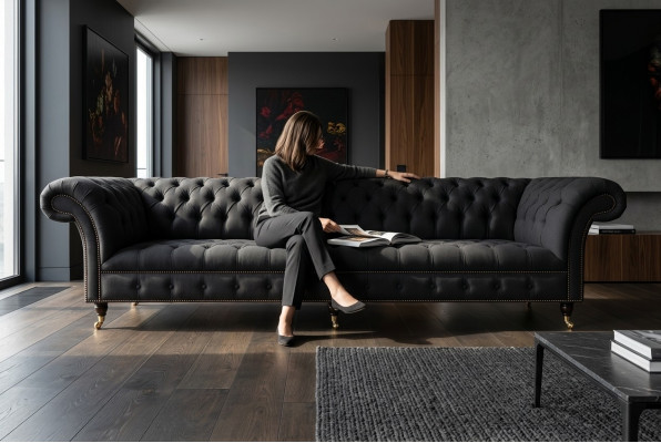 Czarna Chesterfield Włókienniczy Skóra Sofa Kanapa Podkładka Duża poduszka na siedzisko xxl 265cm