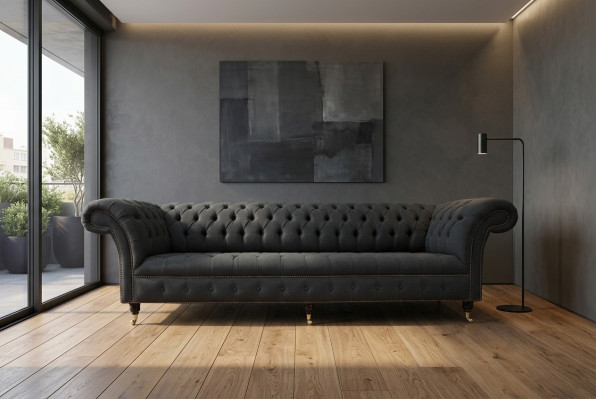 Czarna Chesterfield Włókienniczy Skóra Sofa Kanapa Podkładka Duża poduszka na siedzisko xxl 265cm