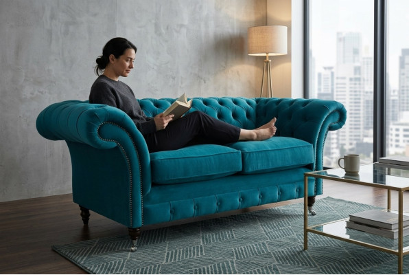 Sofa Chesterfield 2-osobowa sofa designerska z tapicerką w kolorze turkusowego aksamitu, nowa