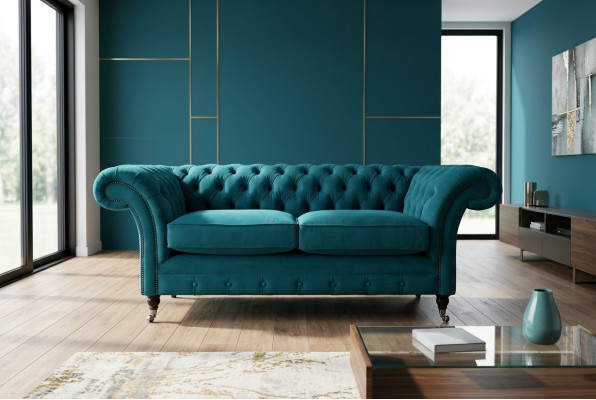 Sofa Chesterfield 2-osobowa sofa designerska z tapicerką w kolorze turkusowego aksamitu, nowa