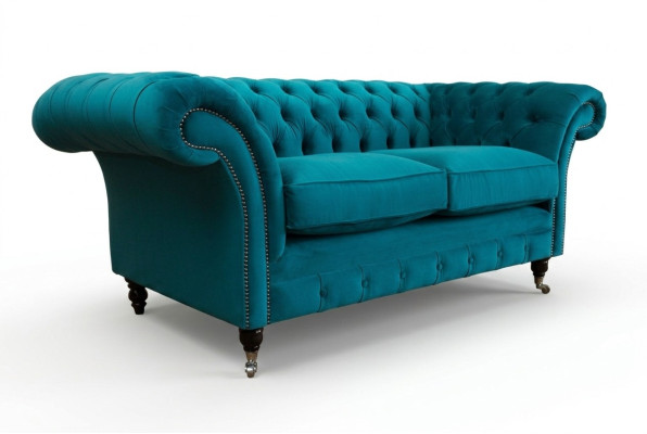 Sofa Chesterfield 2-osobowa sofa designerska z tapicerką w kolorze turkusowego aksamitu, nowa