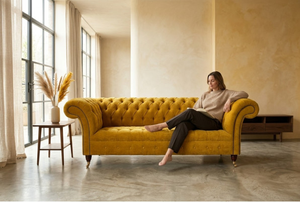 Designerska żółta Chesterfield 3-miejsce do siedzenia, luksusowa trzyosobowa kanapa