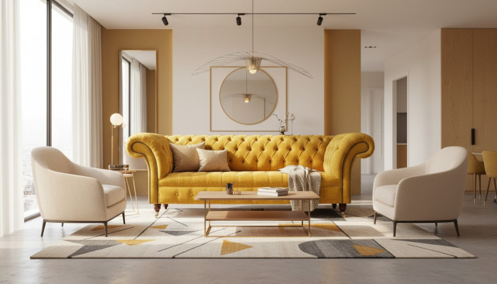 Designerska żółta Chesterfield 3-miejsce do siedzenia, luksusowa trzyosobowa kanapa