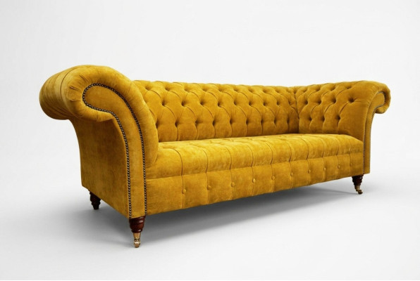 Designerska żółta Chesterfield 3-miejsce do siedzenia, luksusowa trzyosobowa kanapa