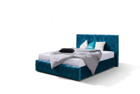 Klasyczne dwustronne łóżko w stylu welwetowym, luksusowy design, nowoczesny kolor turkusowy.