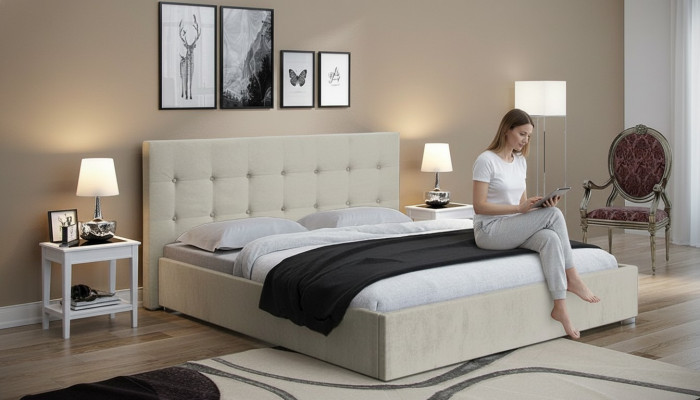 Beżowe łóżko 160x200 sypialnia łóżka tekstylia skórzane luksusowe hotelowe nowe.