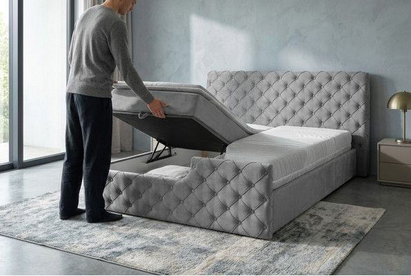 Szare Podwójne łóżko Chesterfield Hotelowe łóżka designerskie Sypialnia Meble