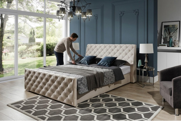 Chesterfield Łóżko Sypialnia łóżko Włókienniczy 200x200cm Aksamit Big Hotel Beżowe Nowe