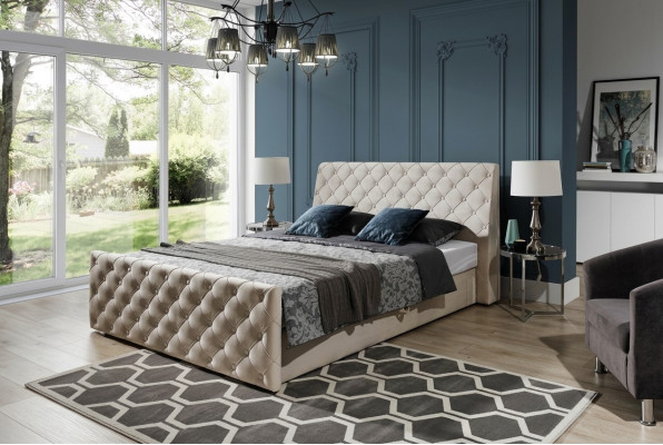 Chesterfield Łóżko Sypialnia łóżko Włókienniczy 200x200cm Aksamit Big Hotel Beżowe Nowe