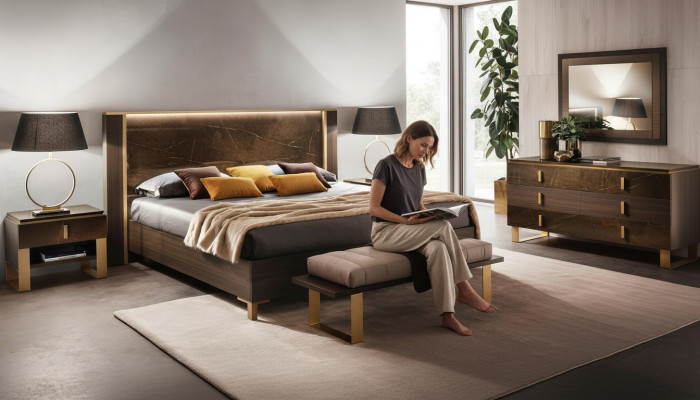 Łóżko Sypialnia Design Modern Luxury 2x Stolik nocny Włoski 3-częściowy