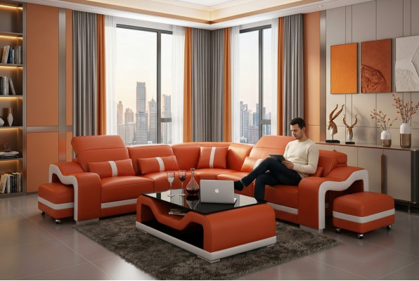Skórzana sofa kanapa Żywy krajobraz Narożnik kanapa Narożnik Ustaw Design Nowoczesna Sofa z USB