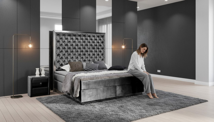 Zestaw sypialniany z łóżkiem typu boxspring 3 częściowy w tkaninie, łóżko 2x stolik nocny nowoczesny design łóżek.