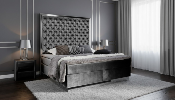 Zestaw sypialniany z łóżkiem typu boxspring 3 częściowy w tkaninie, łóżko 2x stolik nocny nowoczesny design łóżek.