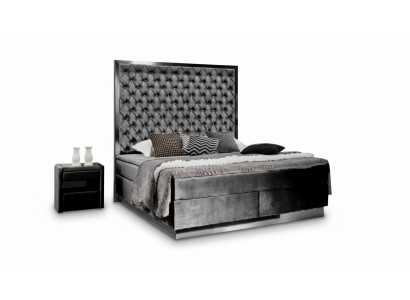 Zestaw sypialniany z łóżkiem typu boxspring 3 częściowy w tkaninie, łóżko 2x stolik nocny nowoczesny design łóżek.