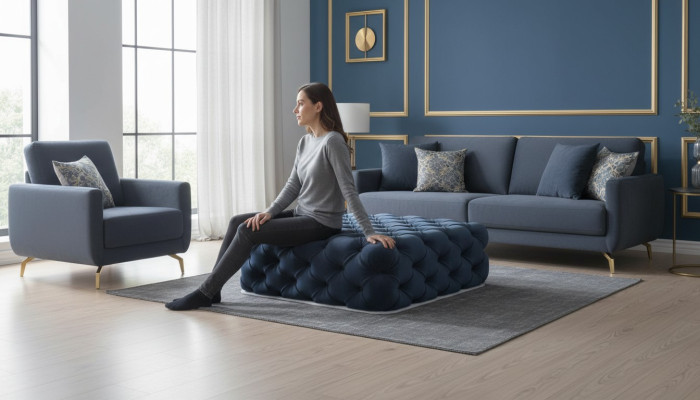 Klasyczny, luksusowy puf o designie Chesterfield z tkaniny, otomana 120x120.