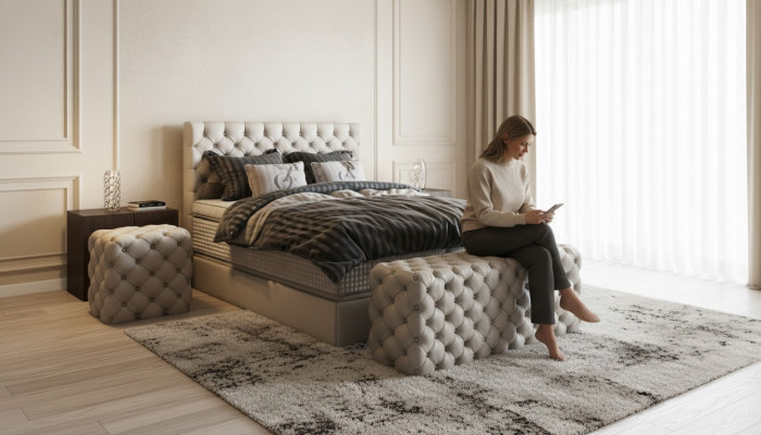 Łóżko 2x Stolik nocny 3 szt. Sypialnia Zestaw Design Luksusowe Meble Nowoczesne Łóżko Nowe