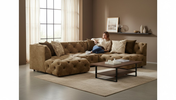 Chesterfield L-Shape Narożnikowa kanapa Couch Design Włókienniczy Podkładka Ustawić Sofa Narożnik Nowość